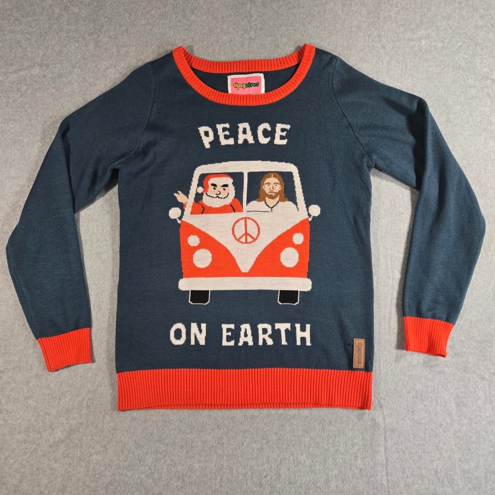 Tipsy Elves Mens Peace On Earth Santa Jesus Van Ugly Christmas Sweater Navy S